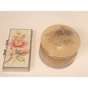 Vintage Alabaster Powder Jar Floral Lid Vanity Trinket Box + Floral Compact Case